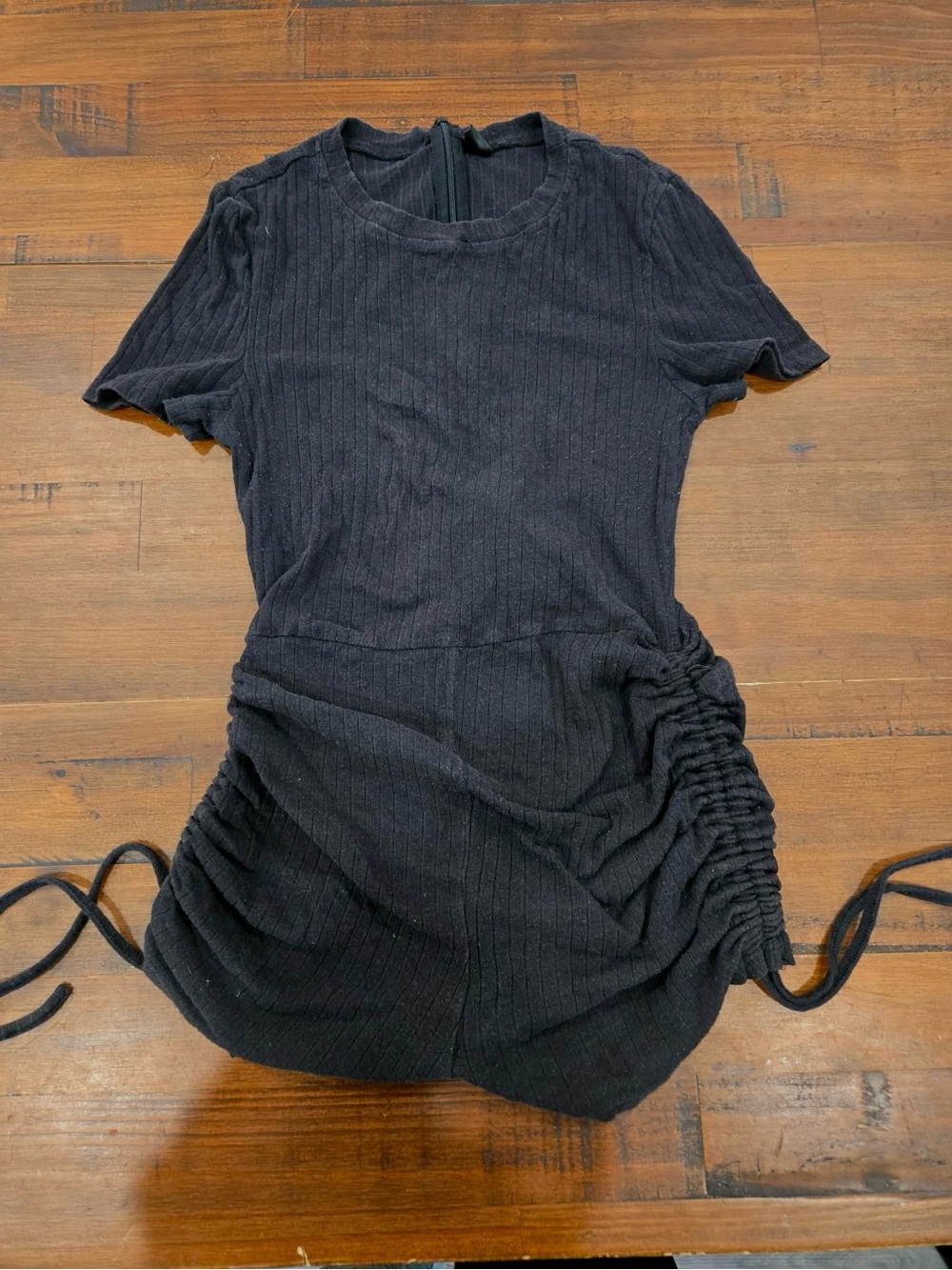 Black Ribbed Short-Sleeve Romper with Side Drawstring